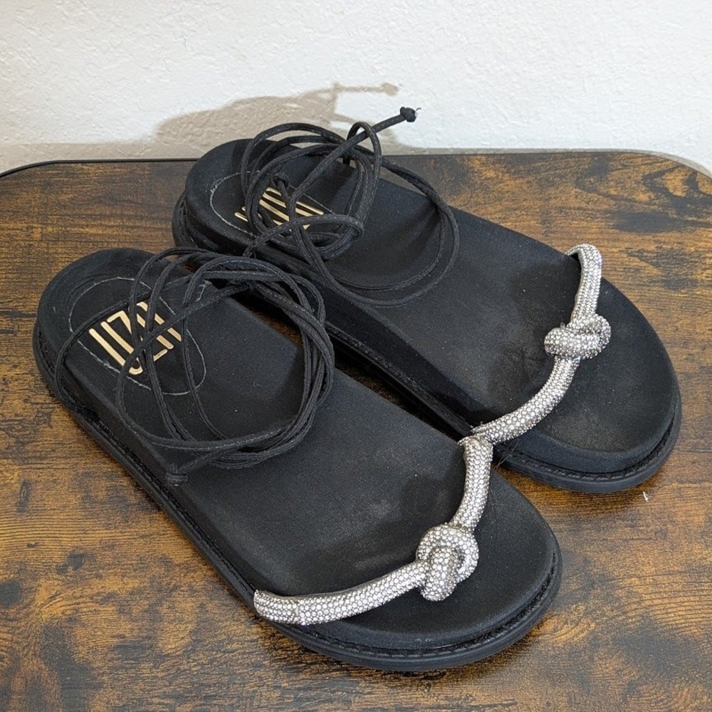 UZA‎ Rhinestone Knot Slide Sandals Lace Up Flat Gladiator Ankle Wrap Women's 6